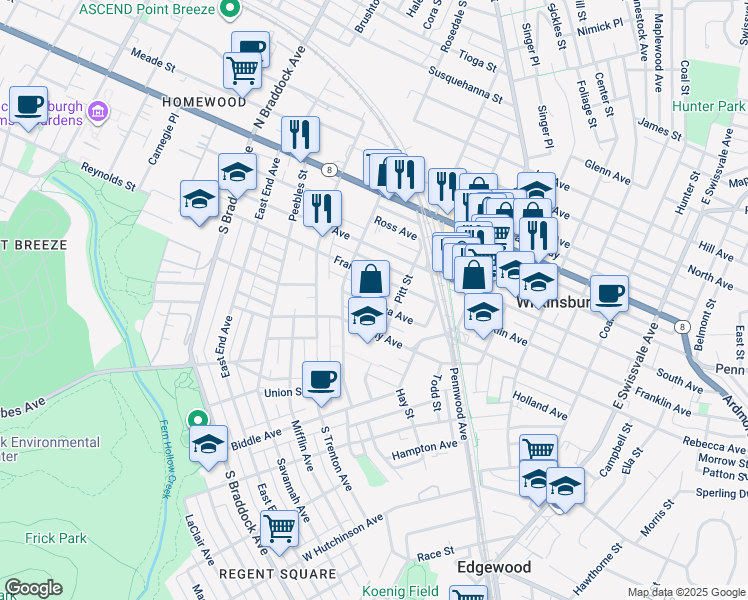 map of restaurants, bars, coffee shops, grocery stores, and more near 428 Rebecca Avenue in Pittsburgh