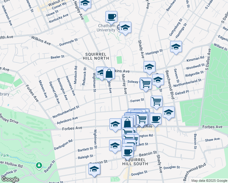 map of restaurants, bars, coffee shops, grocery stores, and more near 5725 Northumberland Street in Pittsburgh