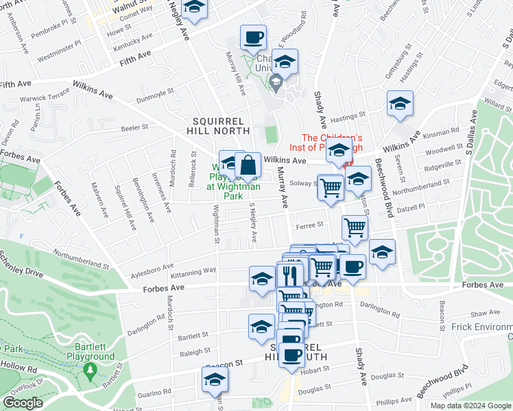 map of restaurants, bars, coffee shops, grocery stores, and more near 5649 Northumberland Street in Pittsburgh