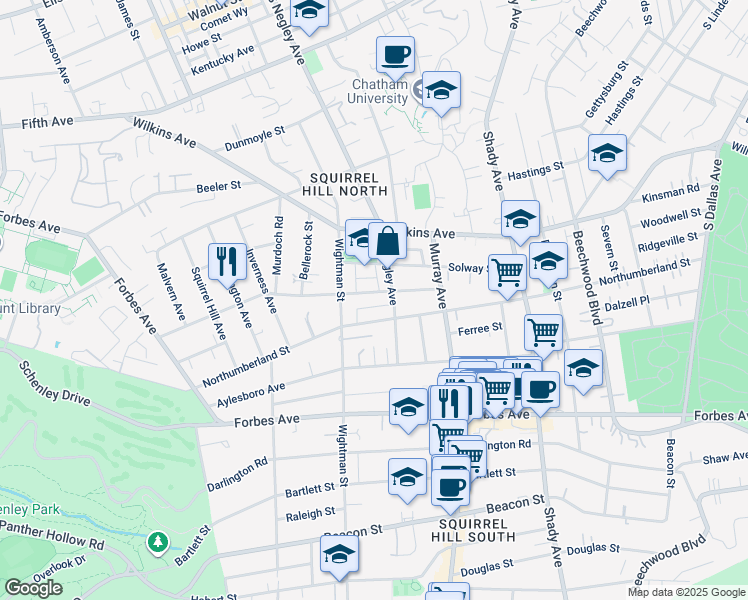 map of restaurants, bars, coffee shops, grocery stores, and more near 5649 Northumberland Street in Pittsburgh