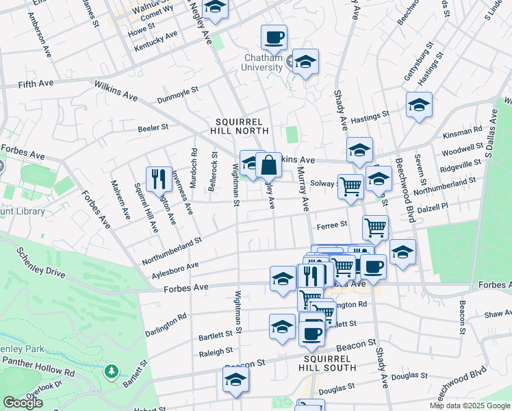 map of restaurants, bars, coffee shops, grocery stores, and more near 5649 Northumberland Street in Pittsburgh