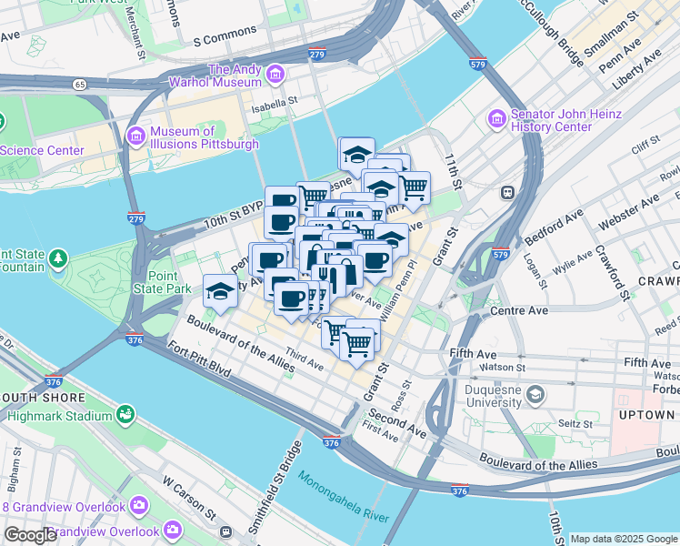 map of restaurants, bars, coffee shops, grocery stores, and more near 300 Sixth Avenue in Pittsburgh