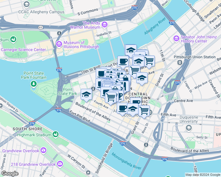 map of restaurants, bars, coffee shops, grocery stores, and more near 600 Liberty Avenue in Pittsburgh