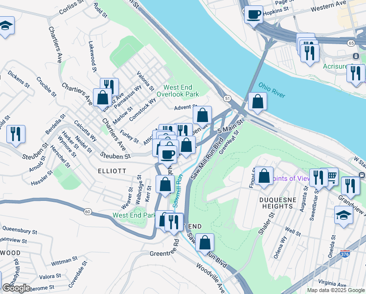map of restaurants, bars, coffee shops, grocery stores, and more near 426 South Main Street in Pittsburgh