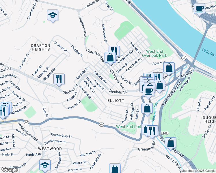 map of restaurants, bars, coffee shops, grocery stores, and more near 911 Amherst Street in Pittsburgh