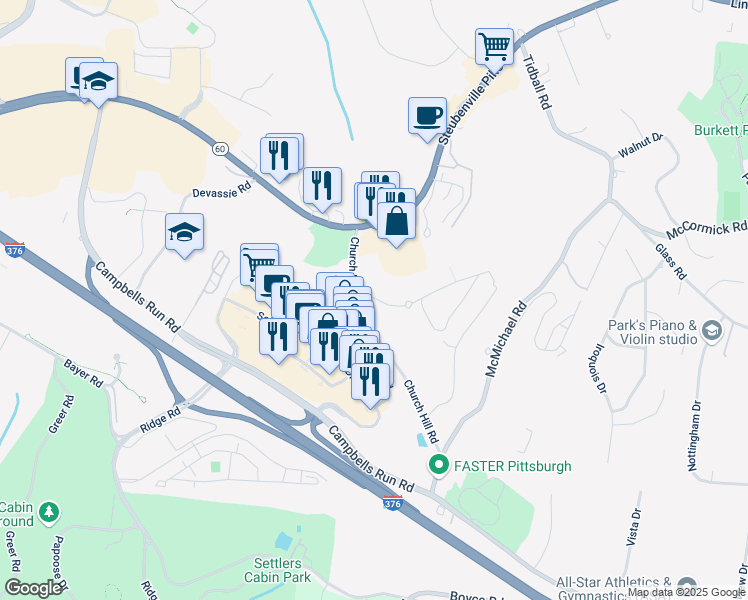 map of restaurants, bars, coffee shops, grocery stores, and more near 700 Settlers Ridge Center Drive in Pittsburgh