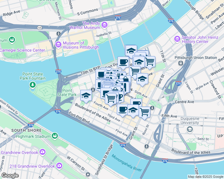 map of restaurants, bars, coffee shops, grocery stores, and more near in Pittsburgh
