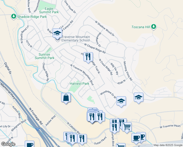map of restaurants, bars, coffee shops, grocery stores, and more near Fox Trail Drive in Lehi