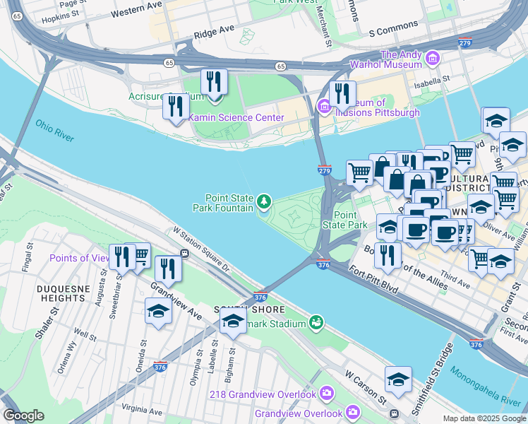map of restaurants, bars, coffee shops, grocery stores, and more near 601 Commonwealth Place in Pittsburgh