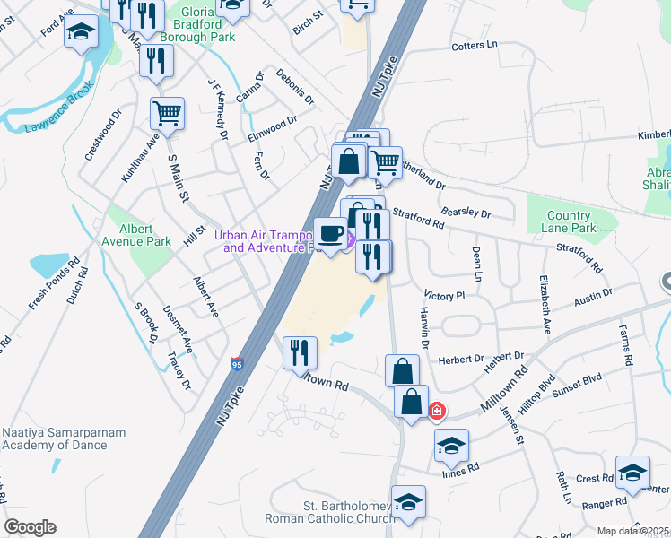 map of restaurants, bars, coffee shops, grocery stores, and more near 400 Ryders Lane in Milltown