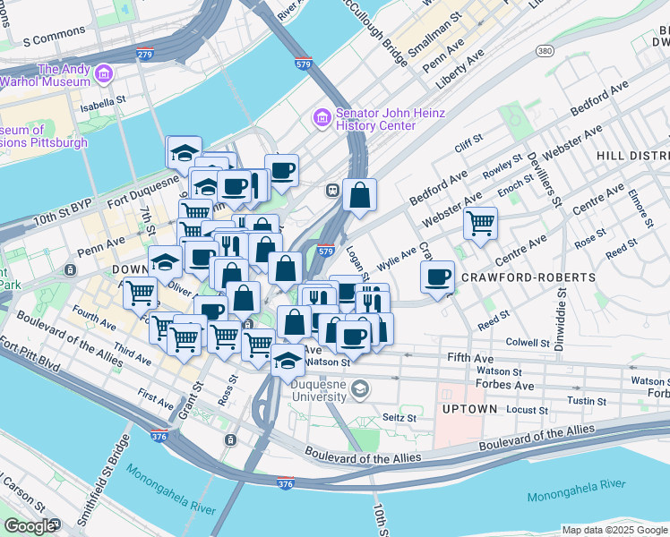 map of restaurants, bars, coffee shops, grocery stores, and more near 626 Washington Place in Pittsburgh