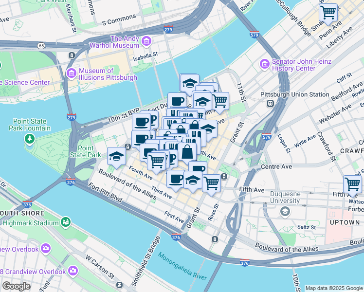 map of restaurants, bars, coffee shops, grocery stores, and more near 300 Sixth Avenue in Pittsburgh
