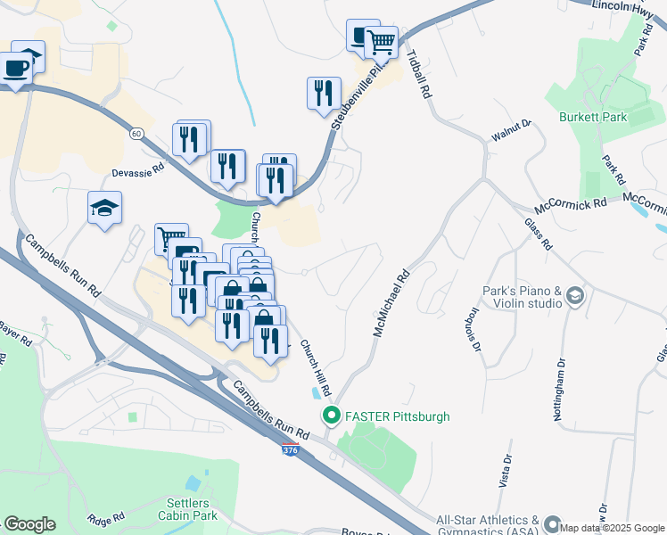 map of restaurants, bars, coffee shops, grocery stores, and more near 1000-2000 Meredith Drive in McKees Rocks