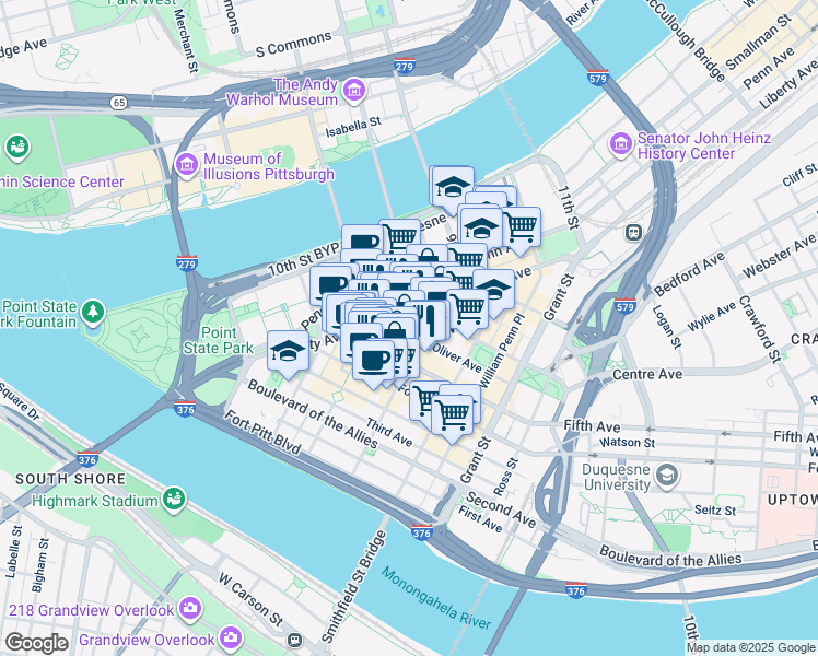 map of restaurants, bars, coffee shops, grocery stores, and more near in Pittsburgh
