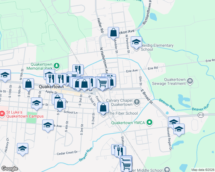 map of restaurants, bars, coffee shops, grocery stores, and more near 414 East Broad Street in Quakertown