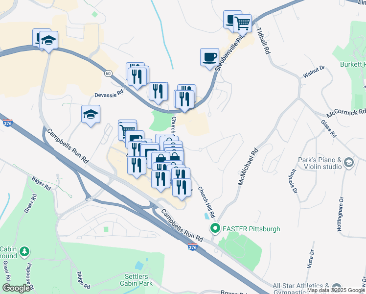 map of restaurants, bars, coffee shops, grocery stores, and more near 700 Settlers Ridge Center Drive in Pittsburgh