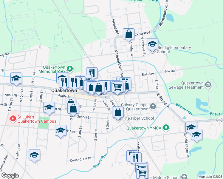 map of restaurants, bars, coffee shops, grocery stores, and more near 15 Belmont Avenue in Quakertown