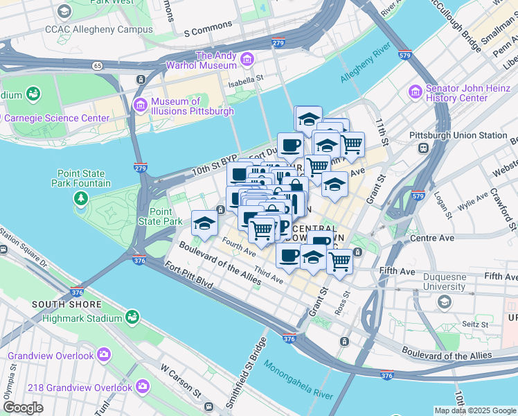 map of restaurants, bars, coffee shops, grocery stores, and more near 600 Liberty Avenue in Pittsburgh
