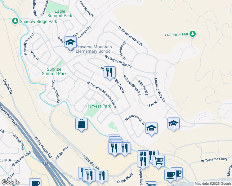 map of restaurants, bars, coffee shops, grocery stores, and more near 4394 North Foxtrail Circle in Lehi