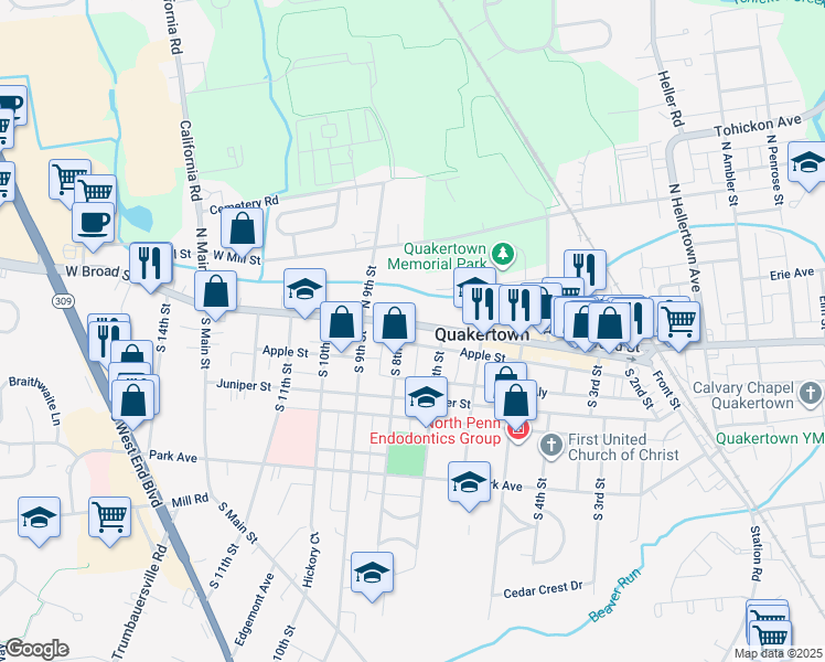 map of restaurants, bars, coffee shops, grocery stores, and more near 724 West Broad Street in Quakertown