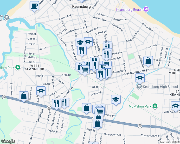 map of restaurants, bars, coffee shops, grocery stores, and more near 64 Church Street in Keansburg