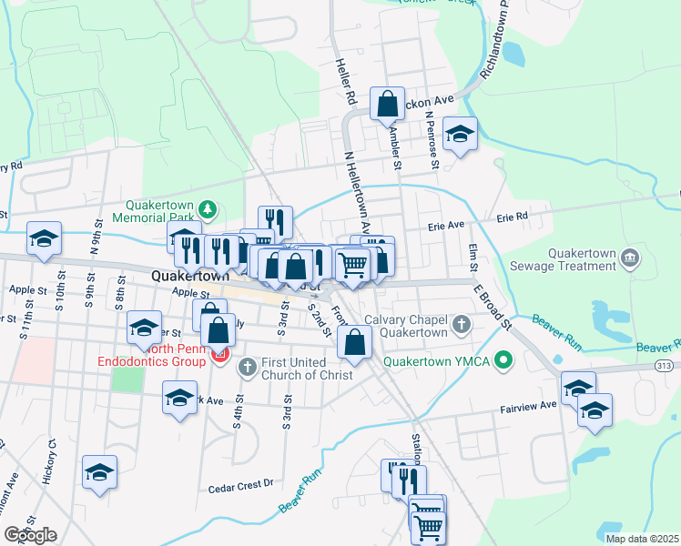 map of restaurants, bars, coffee shops, grocery stores, and more near 15 Belmont Avenue in Quakertown