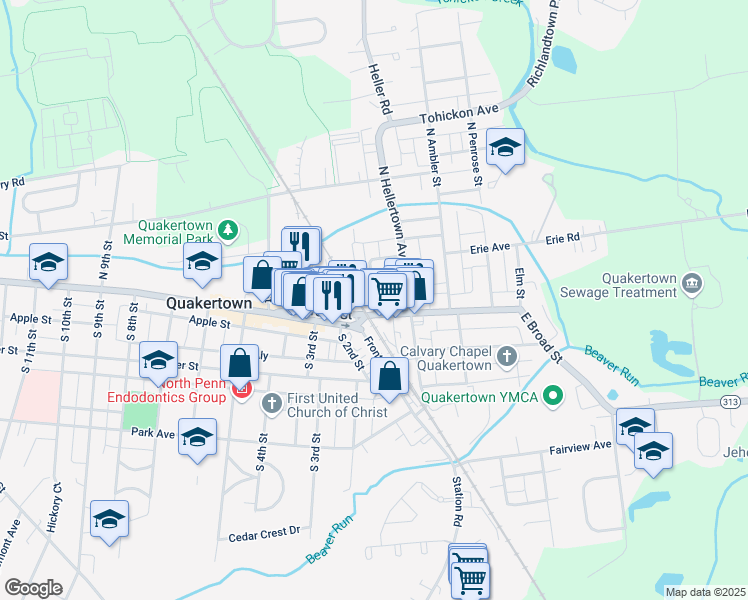 map of restaurants, bars, coffee shops, grocery stores, and more near 16 Belmont Avenue in Quakertown
