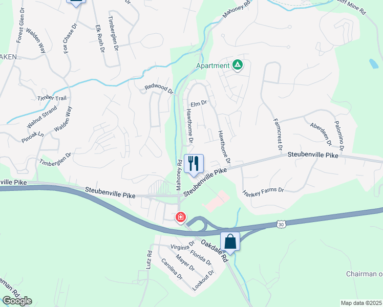 map of restaurants, bars, coffee shops, grocery stores, and more near 2644 Birchwood Lane in Oakdale