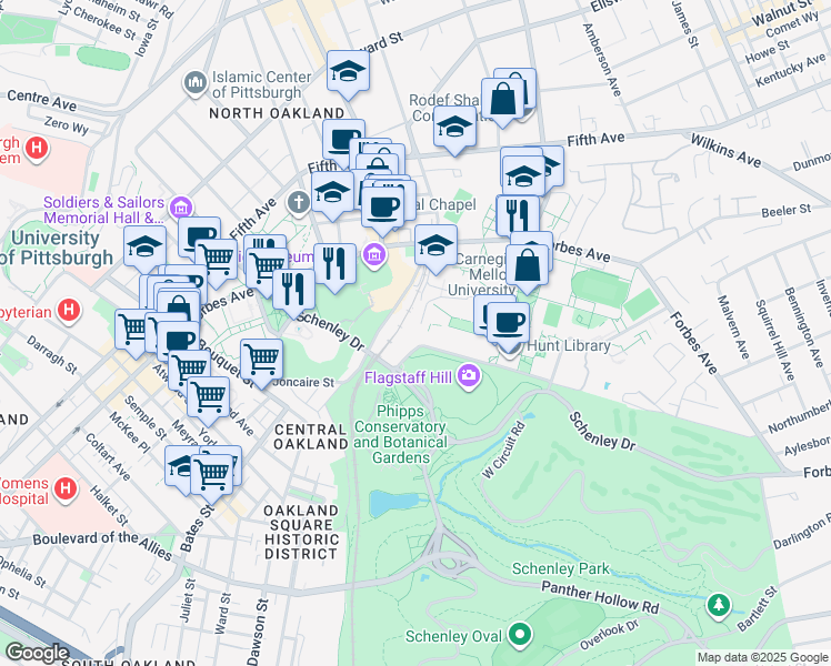 map of restaurants, bars, coffee shops, grocery stores, and more near 4805 Frew Street in Pittsburgh