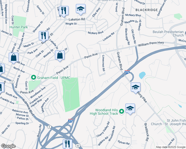 map of restaurants, bars, coffee shops, grocery stores, and more near 7305 Beacon Hill Drive in Pittsburgh