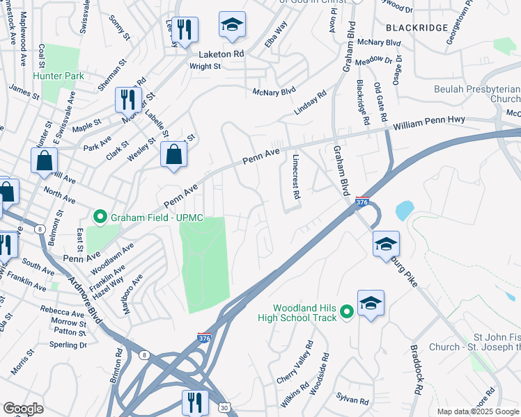 map of restaurants, bars, coffee shops, grocery stores, and more near 7305 Beacon Hill Drive in Pittsburgh