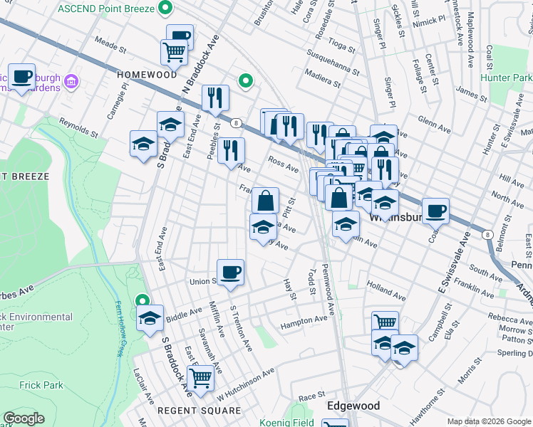 map of restaurants, bars, coffee shops, grocery stores, and more near 428 Rebecca Avenue in Pittsburgh
