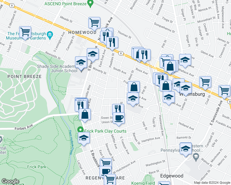 map of restaurants, bars, coffee shops, grocery stores, and more near in Wilkinsburg