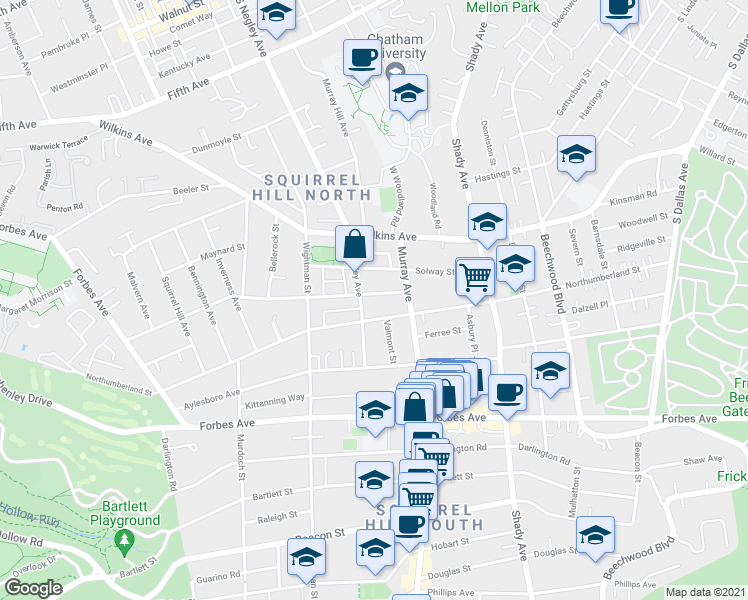 map of restaurants, bars, coffee shops, grocery stores, and more near 5725 Northumberland Street in Pittsburgh