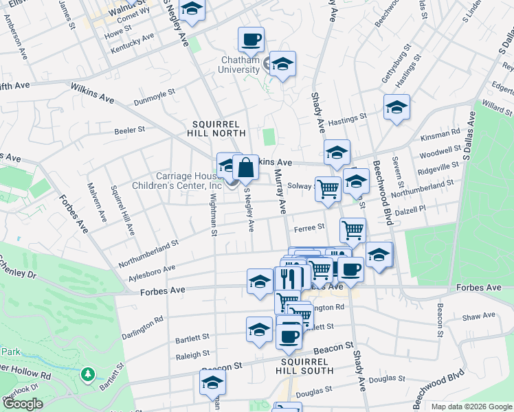 map of restaurants, bars, coffee shops, grocery stores, and more near 5725 Northumberland Street in Pittsburgh