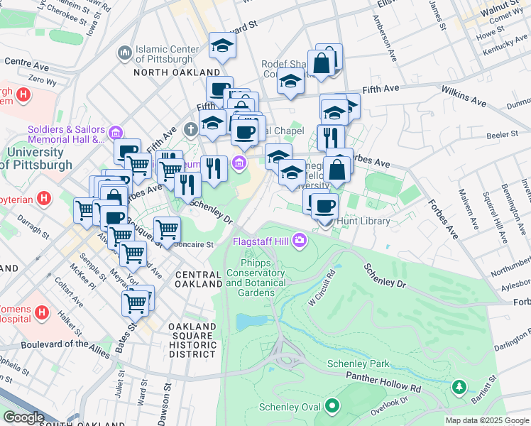 map of restaurants, bars, coffee shops, grocery stores, and more near in Pittsburgh