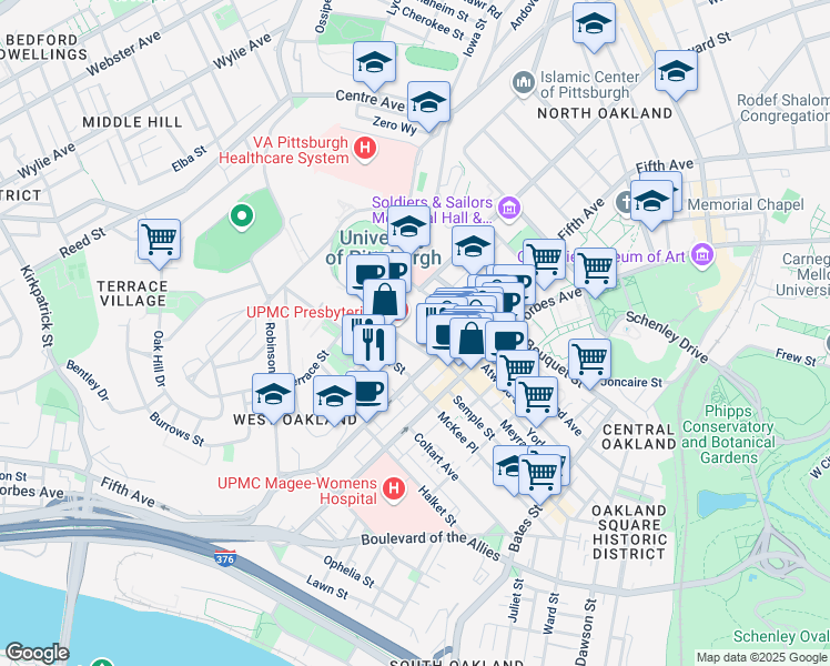 map of restaurants, bars, coffee shops, grocery stores, and more near in Pittsburgh