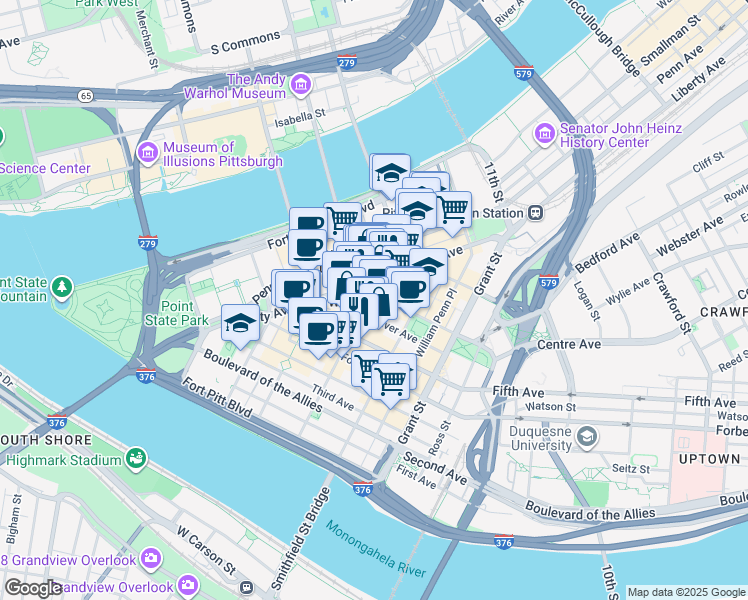 map of restaurants, bars, coffee shops, grocery stores, and more near 300 Sixth Avenue in Pittsburgh