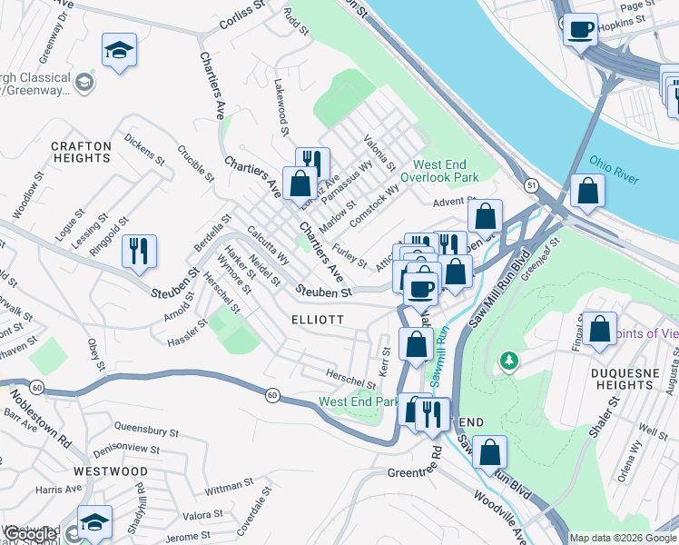 map of restaurants, bars, coffee shops, grocery stores, and more near 708 Steuben Street in Pittsburgh