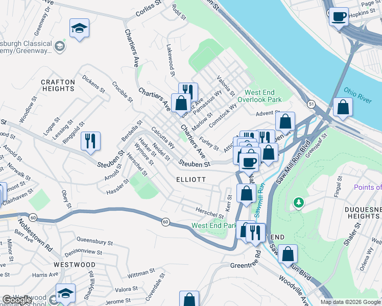 map of restaurants, bars, coffee shops, grocery stores, and more near 911 Amherst Street in Pittsburgh