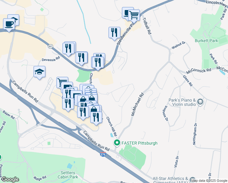 map of restaurants, bars, coffee shops, grocery stores, and more near 1000-2000 Meredith Drive in McKees Rocks