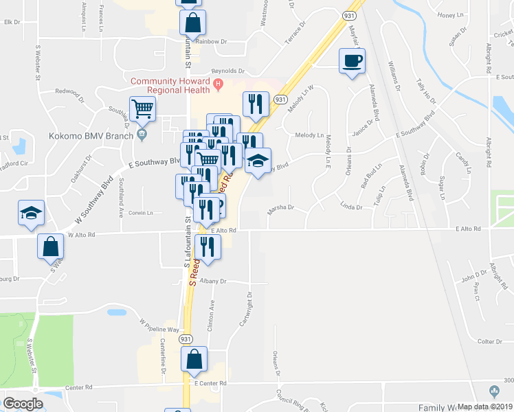 map of restaurants, bars, coffee shops, grocery stores, and more near 609 Marsha Court in Kokomo