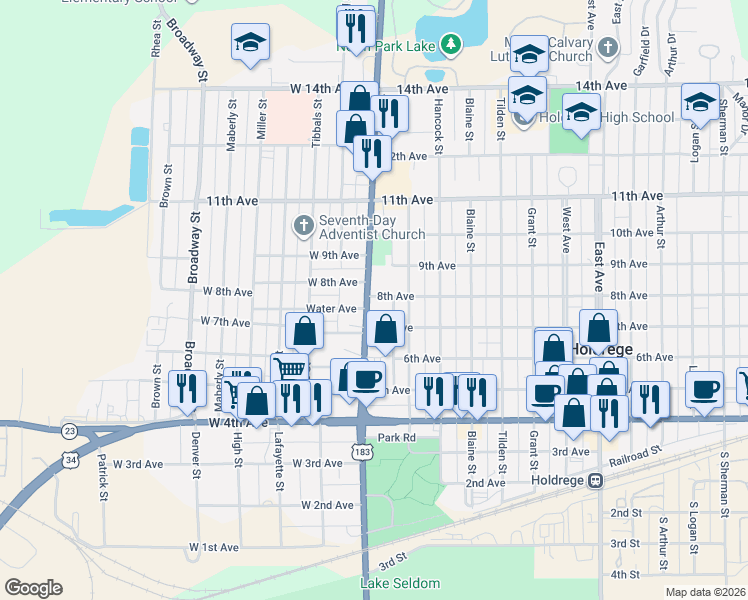 map of restaurants, bars, coffee shops, grocery stores, and more near 710 Burlington Street in Holdrege