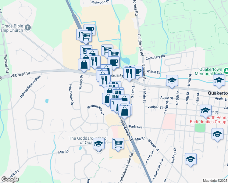 map of restaurants, bars, coffee shops, grocery stores, and more near 71 South West End Boulevard in Quakertown