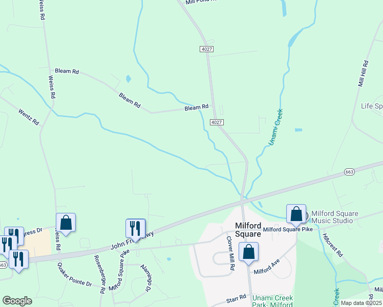 map of restaurants, bars, coffee shops, grocery stores, and more near 2190 Allentown Road in Quakertown
