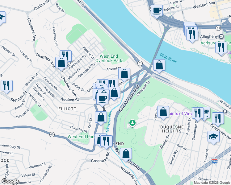 map of restaurants, bars, coffee shops, grocery stores, and more near 327 South Main Street in Pittsburgh