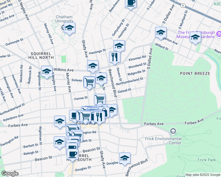 map of restaurants, bars, coffee shops, grocery stores, and more near 1506 Beechwood Boulevard in Pittsburgh
