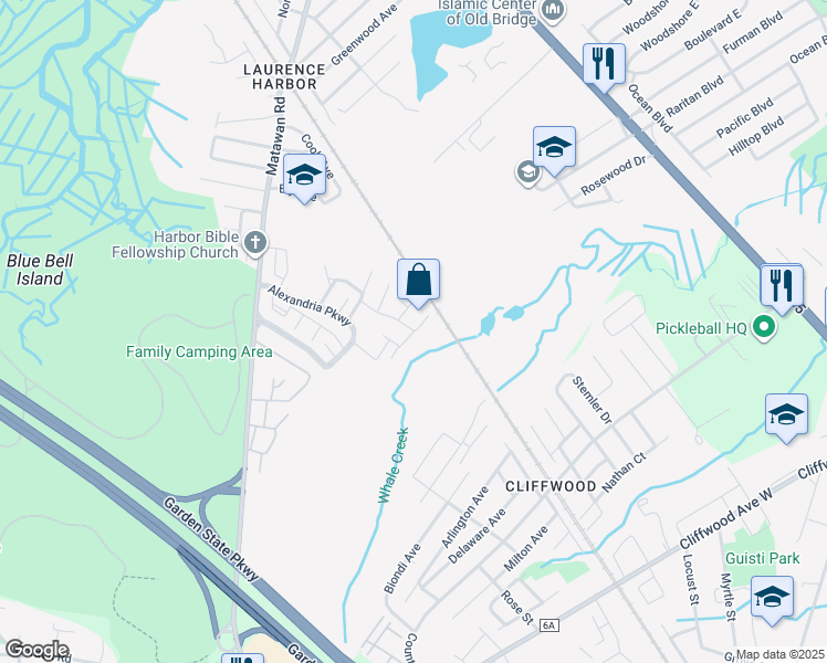 map of restaurants, bars, coffee shops, grocery stores, and more near Hanna Lane in Old Bridge Township