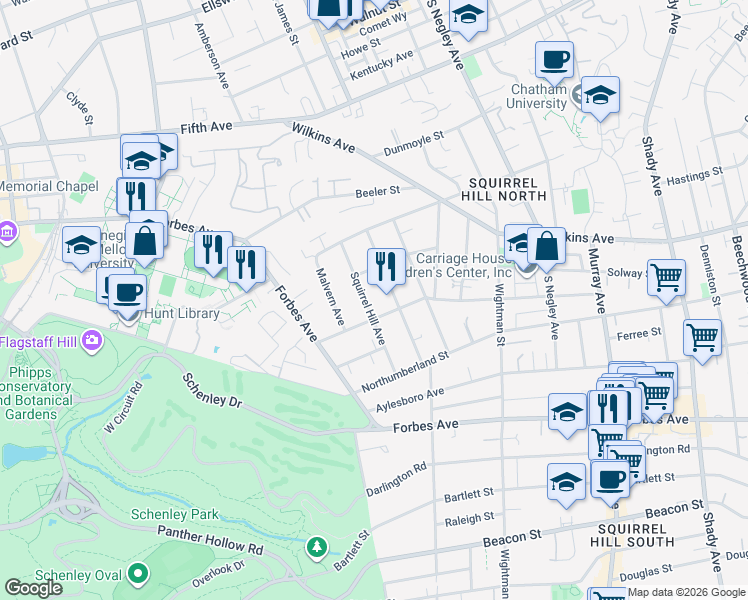 map of restaurants, bars, coffee shops, grocery stores, and more near 1344 Squirrel Hill Avenue in Pittsburgh