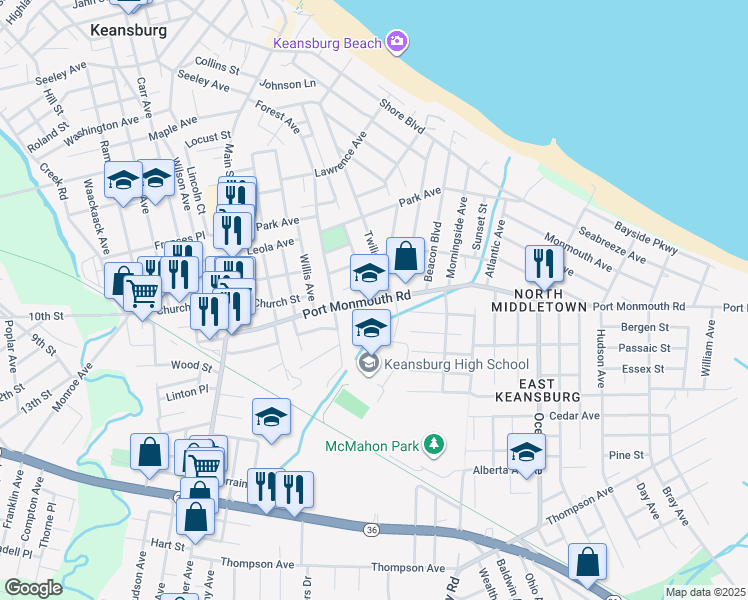 map of restaurants, bars, coffee shops, grocery stores, and more near 142 Port Monmouth Road in Keansburg